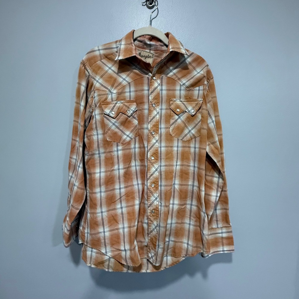 Wrangler Western Fashion Snap Shirt Mens Plaid Long Sleeve Orange Casual m‎